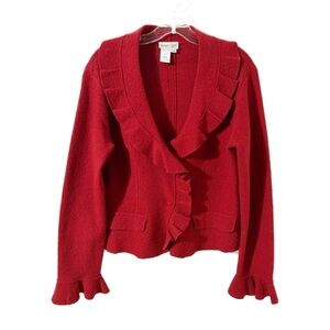 Coldwater Creek Red Wool Ruffle Cardigan Sweater Jacket Vintage Long Sleeves